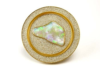 Brooch in gold with seed pearl and large opal by michael zobel