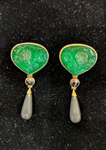 Load image into Gallery viewer, earrings in gold with carved emerald and black diamonds and moonstones by michael zobel
