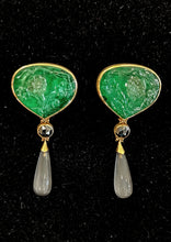 Load image into Gallery viewer, earrings in gold with carved emerald and black diamonds and moonstones by michael zobel sold by ahoyart
